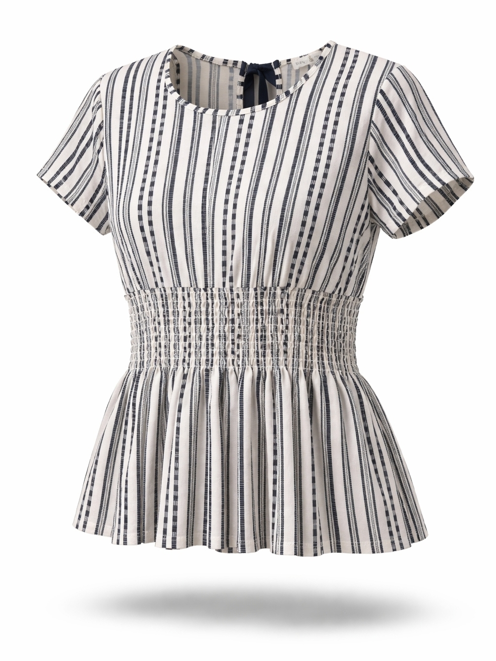 Striped- Smocked Waist- Short Sleeve Top - Navy & Creme NEW